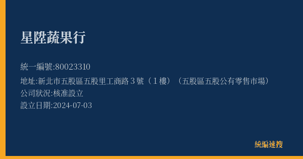 星陞蔬果行的照片-統編 80023310(新北市) 公司登記資料與營業項目詳細圖表