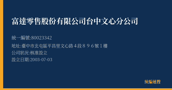 富達零售股份有限公司台中文心分公司的照片-統編 80023342(臺中市) 公司登記資料與營業項目詳細圖表