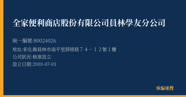 全家便利商店股份有限公司員林學友分公司的照片-統編 80024026(彰化縣) 公司登記資料與營業項目詳細圖表