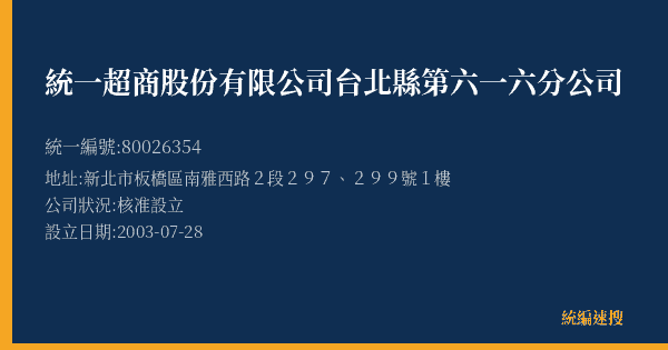 統一超商股份有限公司台北縣第六一六分公司的照片-統編 80026354(新北市) 公司登記資料與營業項目詳細圖表