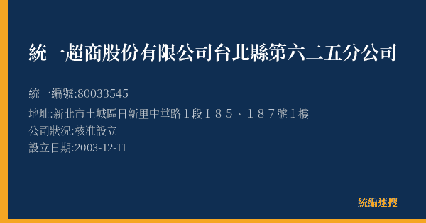 統一超商股份有限公司台北縣第六二五分公司的照片-統編 80033545(新北市) 公司登記資料與營業項目詳細圖表