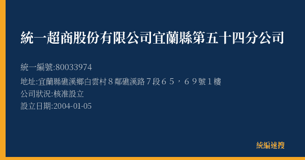 統一超商股份有限公司宜蘭縣第五十四分公司的照片-統編 80033974(宜蘭縣) 公司登記資料與營業項目詳細圖表