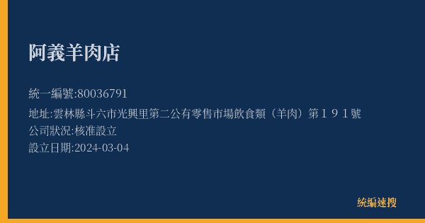 阿義羊肉店的照片-統編 80036791(雲林縣) 公司登記資料與營業項目詳細圖表