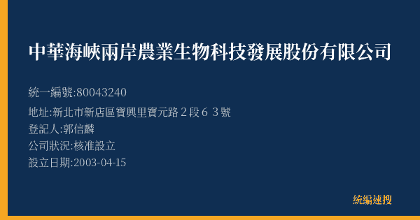 中華海峽兩岸農業生物科技發展股份有限公司的照片-統編 80043240(新北市) 公司登記資料與營業項目詳細圖表