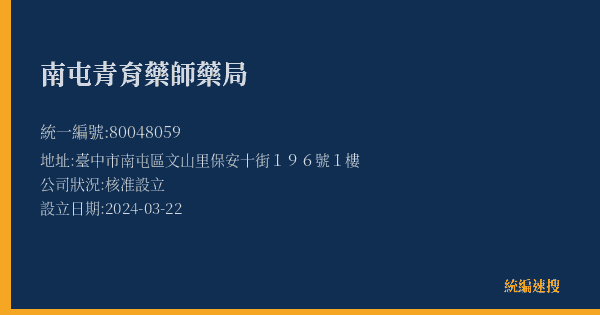 南屯青育藥師藥局的照片-統編 80048059(臺中市) 公司登記資料與營業項目詳細圖表