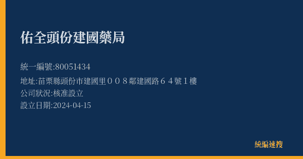 佑全頭份建國藥局的照片-統編 80051434(苗栗縣) 公司登記資料與營業項目詳細圖表