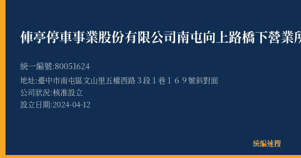 俥亭停車事業股份有限公司南屯向上路橋下營業所的照片-統編 80051624(臺中市) 公司登記資料與營業項目詳細圖表