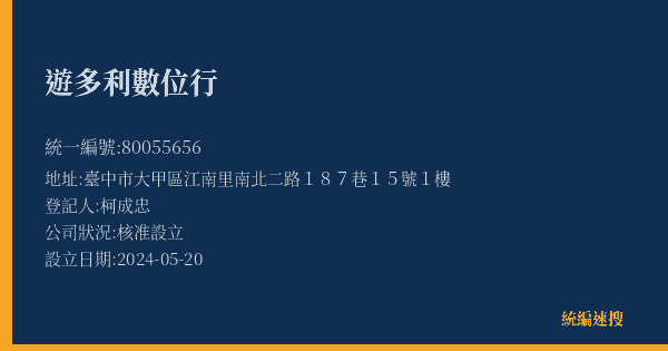 遊多利數位行的照片-統編 80055656(臺中市) 公司登記資料與營業項目詳細圖表