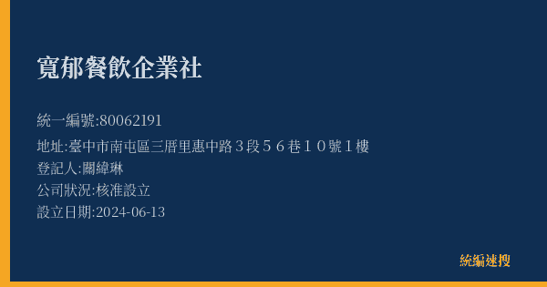 寬郁餐飲企業社的照片-統編 80062191(臺中市) 公司登記資料與營業項目詳細圖表