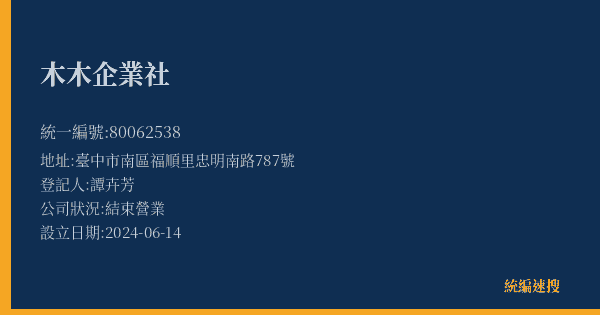 木木企業社的照片-統編 80062538(臺中市) 公司登記資料與營業項目詳細圖表