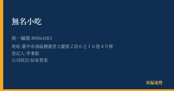 無名小吃的照片-統編 80064183(臺中市) 公司登記資料與營業項目詳細圖表