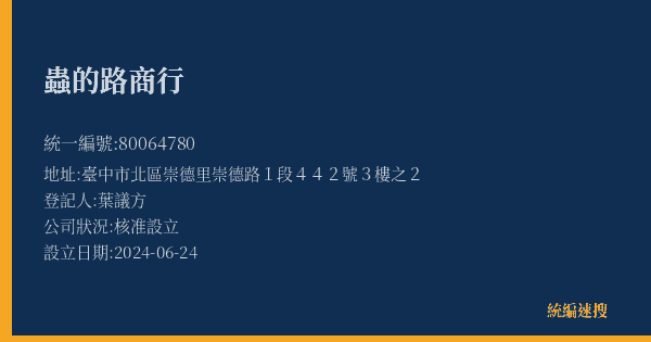 蟲的路商行的照片-統編 80064780(臺中市) 公司登記資料與營業項目詳細圖表