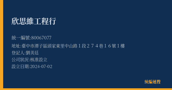 欣思維工程行的照片-統編 80067077(臺中市) 公司登記資料與營業項目詳細圖表