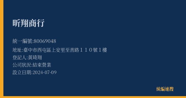 昕翔商行的照片-統編 80069048(臺中市) 公司登記資料與營業項目詳細圖表