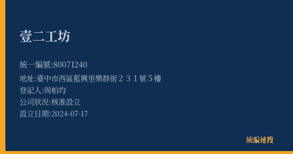 壹二工坊的照片-統編 80071240(臺中市) 公司登記資料與營業項目詳細圖表