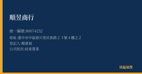 順昱商行的照片-統編 80074252(臺中市) 公司登記資料與營業項目詳細圖表