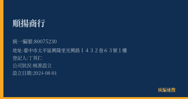 順揚商行的照片-統編 80075230(臺中市) 公司登記資料與營業項目詳細圖表