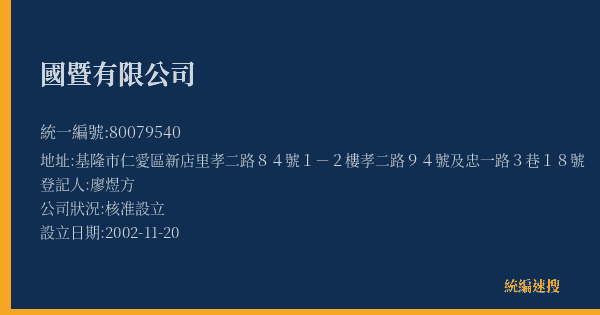 國暨有限公司的照片-統編 80079540(基隆市) 公司登記資料與營業項目詳細圖表