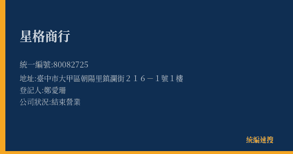 星格商行的照片-統編 80082725(臺中市) 公司登記資料與營業項目詳細圖表