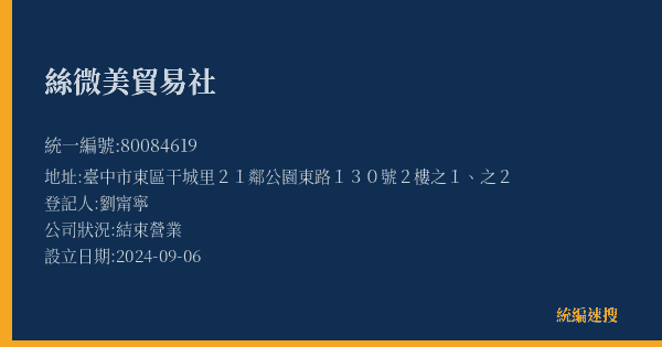 絲微美貿易社的照片-統編 80084619(臺中市) 公司登記資料與營業項目詳細圖表