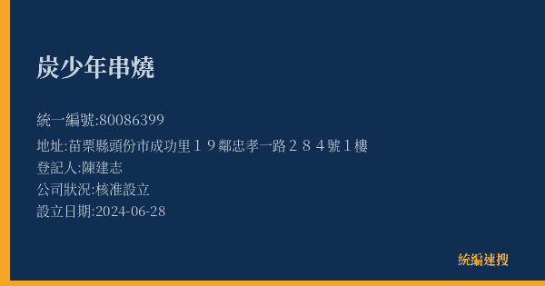 炭少年串燒的照片-統編 80086399(苗栗縣) 公司登記資料與營業項目詳細圖表