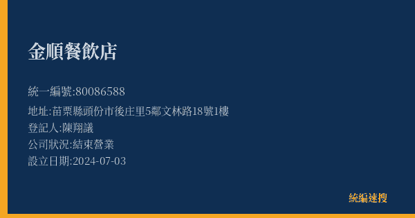 金順餐飲店的照片-統編 80086588(苗栗縣) 公司登記資料與營業項目詳細圖表