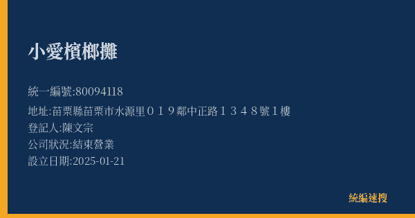 小愛檳榔攤的照片-統編 80094118(苗栗縣) 公司登記資料與營業項目詳細圖表