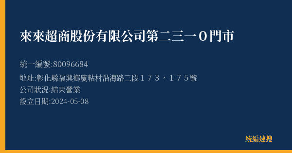 來來超商股份有限公司第二三一0門市的照片-統編 80096684(彰化縣) 公司登記資料與營業項目詳細圖表