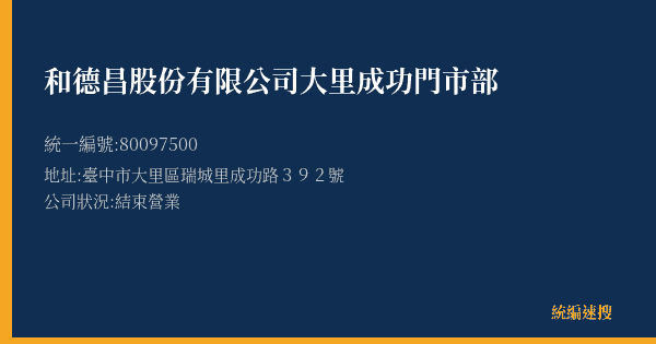 和德昌股份有限公司大里成功門市部的照片-統編 80097500(臺中市) 公司登記資料與營業項目詳細圖表