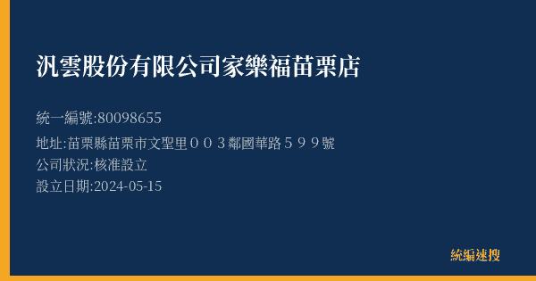 汎雲股份有限公司家樂福苗栗店的照片-統編 80098655(苗栗縣) 公司登記資料與營業項目詳細圖表