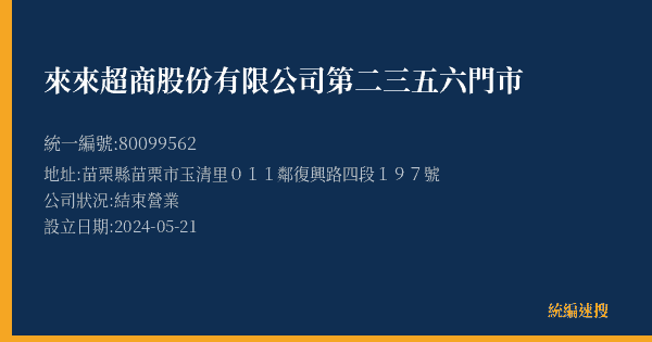 來來超商股份有限公司第二三五六門市的照片-統編 80099562(苗栗縣) 公司登記資料與營業項目詳細圖表