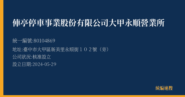 俥亭停車事業股份有限公司大甲永順營業所的照片-統編 80104869(臺中市) 公司登記資料與營業項目詳細圖表