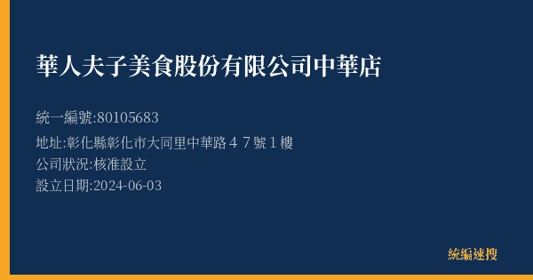 華人夫子美食股份有限公司中華店的照片-統編 80105683(彰化縣) 公司登記資料與營業項目詳細圖表