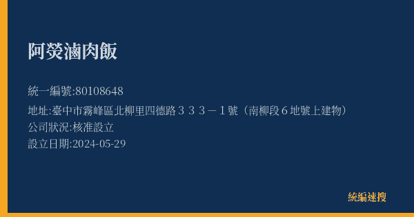 阿熒滷肉飯的照片-統編 80108648(臺中市) 公司登記資料與營業項目詳細圖表