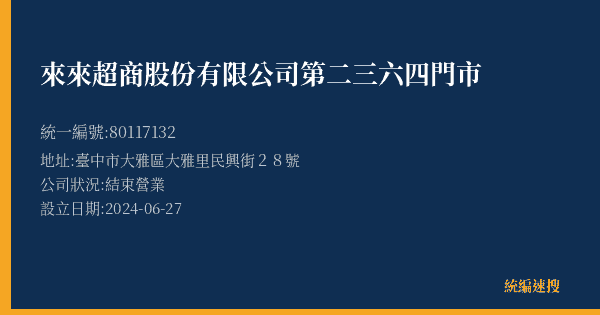 來來超商股份有限公司第二三六四門市的照片-統編 80117132(臺中市) 公司登記資料與營業項目詳細圖表