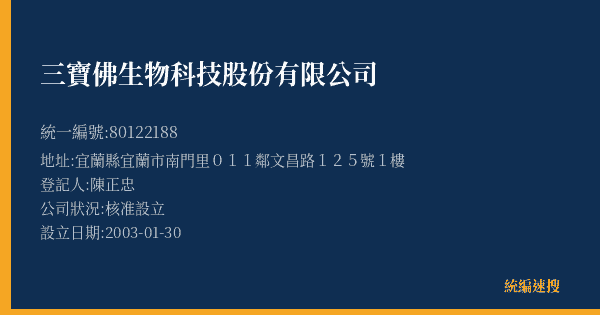 三寶佛生物科技股份有限公司的照片-統編 80122188(宜蘭縣) 公司登記資料與營業項目詳細圖表