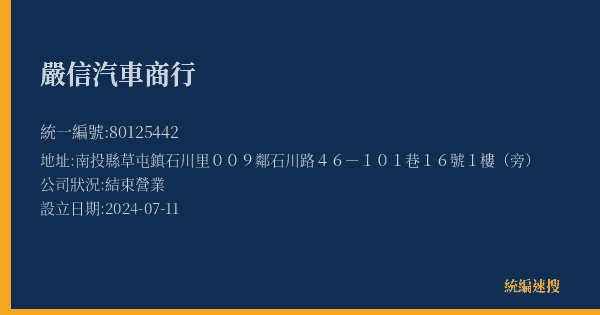 嚴信汽車商行的照片-統編 80125442(南投縣) 公司登記資料與營業項目詳細圖表