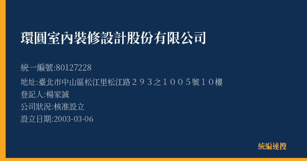 環圓室內裝修設計股份有限公司的照片-統編 80127228(臺北市) 公司登記資料與營業項目詳細圖表