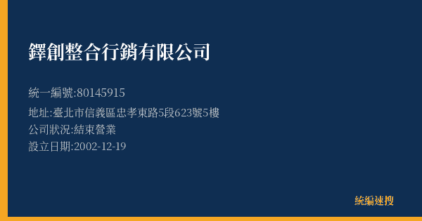 鐸創整合行銷有限公司的照片-統編 80145915(臺北市) 公司登記資料與營業項目詳細圖表