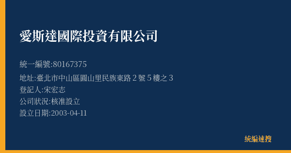 愛斯達國際投資有限公司的照片-統編 80167375(臺北市) 公司登記資料與營業項目詳細圖表