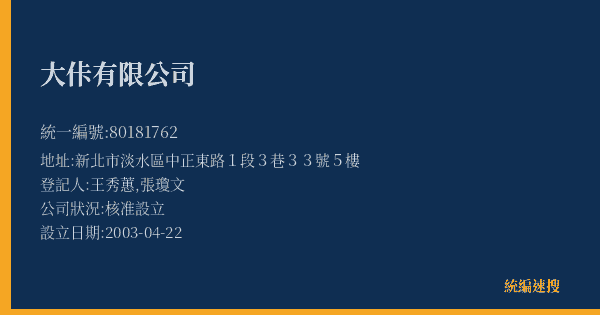 大佧有限公司的照片-統編 80181762(新北市) 公司登記資料與營業項目詳細圖表