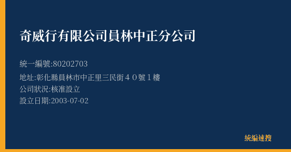 奇威行有限公司員林中正分公司的照片-統編 80202703(彰化縣) 公司登記資料與營業項目詳細圖表