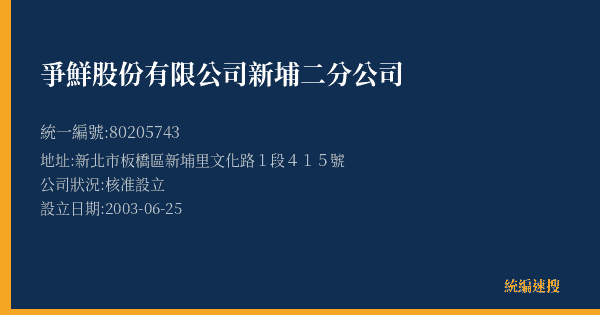 爭鮮股份有限公司新埔二分公司的照片-統編 80205743(新北市) 公司登記資料與營業項目詳細圖表