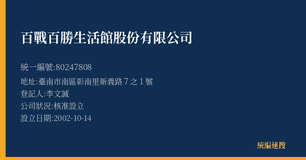 百戰百勝生活館股份有限公司的照片-統編 80247808(臺南市) 公司登記資料與營業項目詳細圖表