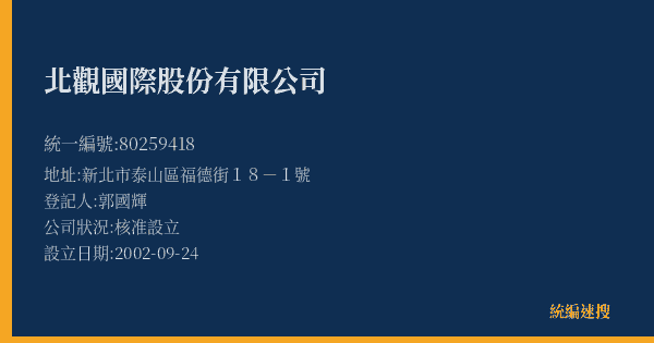 北觀國際股份有限公司的照片-統編 80259418(新北市) 公司登記資料與營業項目詳細圖表