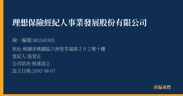 理想保險經紀人事業發展股份有限公司的照片-統編 80260301(桃園市) 公司登記資料與營業項目詳細圖表