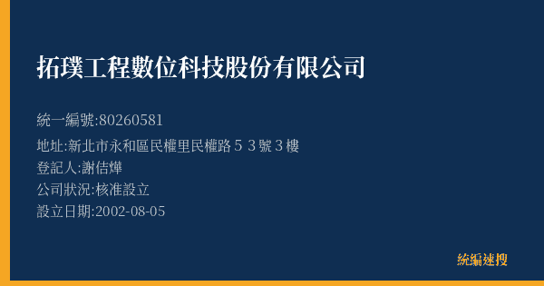 拓璞工程數位科技股份有限公司的照片-統編 80260581(新北市) 公司登記資料與營業項目詳細圖表