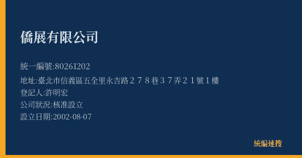僑展有限公司的照片-統編 80261202(臺北市) 公司登記資料與營業項目詳細圖表