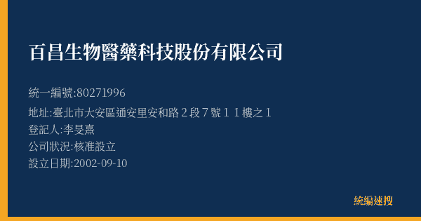 百昌生物醫藥科技股份有限公司的照片-統編 80271996(臺北市) 公司登記資料與營業項目詳細圖表