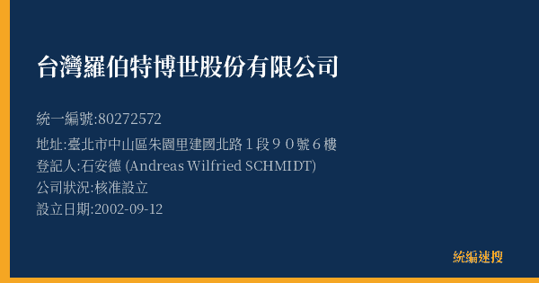 台灣羅伯特博世股份有限公司的照片-統編 80272572(臺北市) 公司登記資料與營業項目詳細圖表